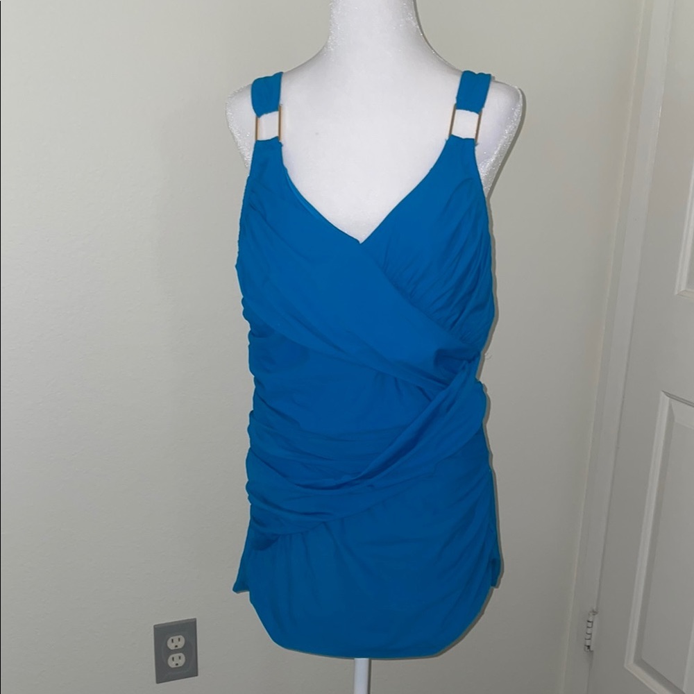 SPANX Blue Asymmetrical Ruched Tank Top
